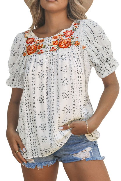 Floral Embroidered Short Sleeve Blouse