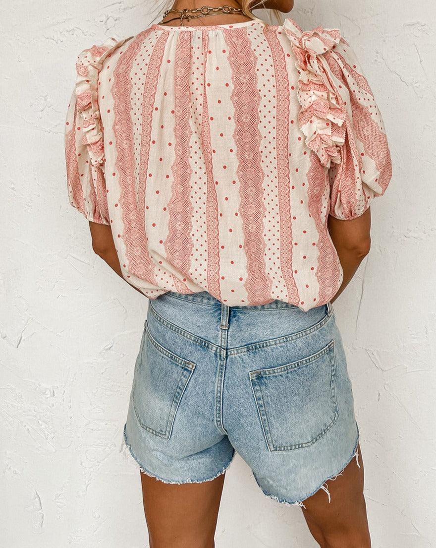 Dotted Frilled Puff Sleeve Blouse