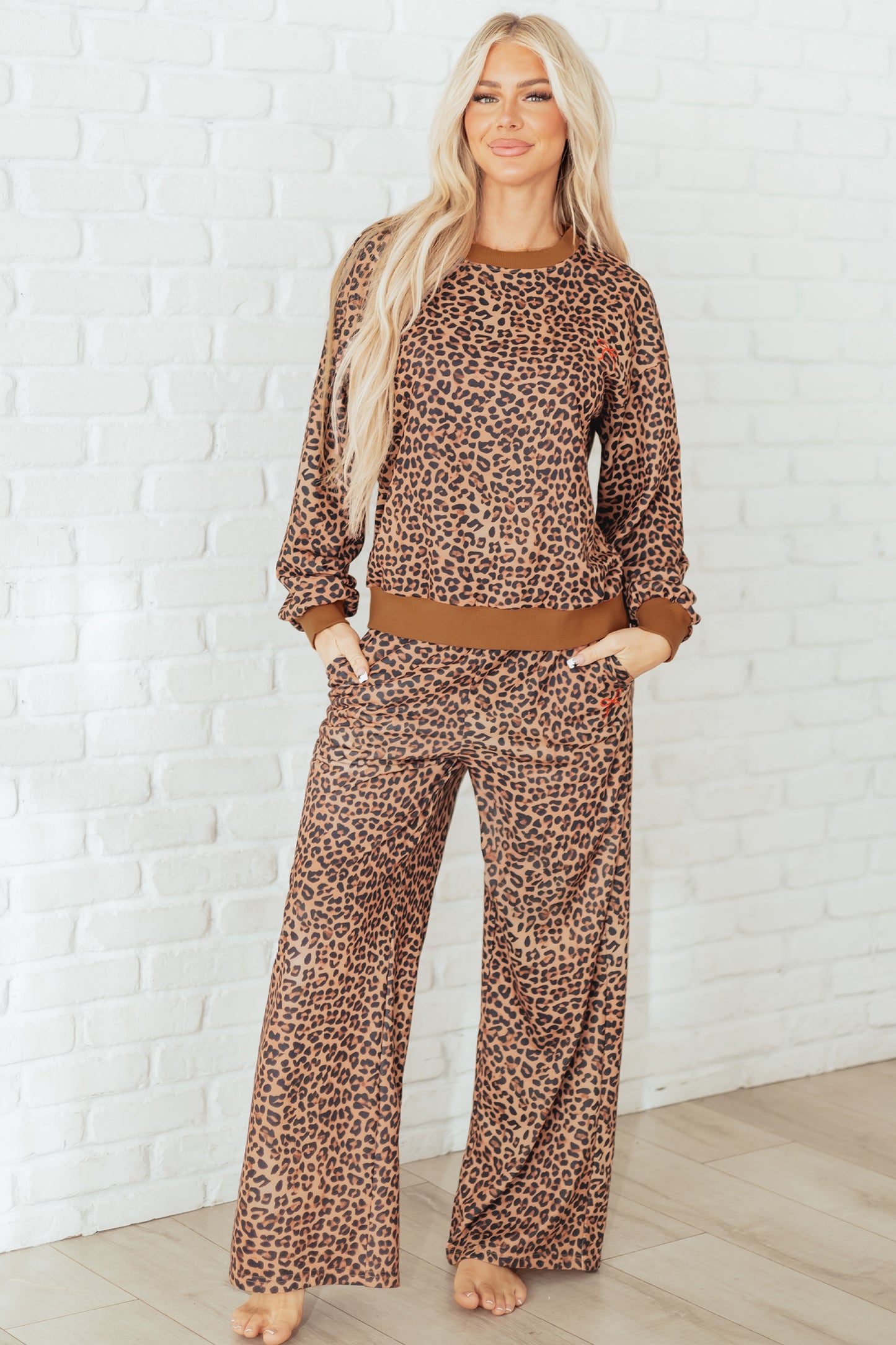 Leopard Bow Embroidered Pullover and Pants Set