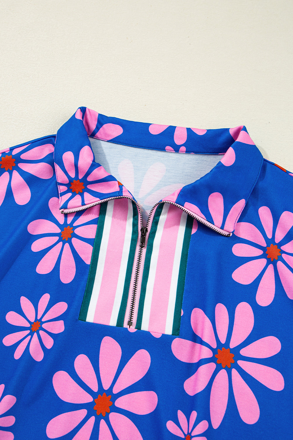 Floral Stripe Quarter-Zip Cap Sleeve Mini Dress