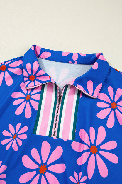 Floral Stripe Quarter-Zip Cap Sleeve Mini Dress