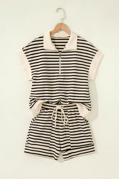 Stripe Colorblock Zip Polo & Drawstring Shorts Set