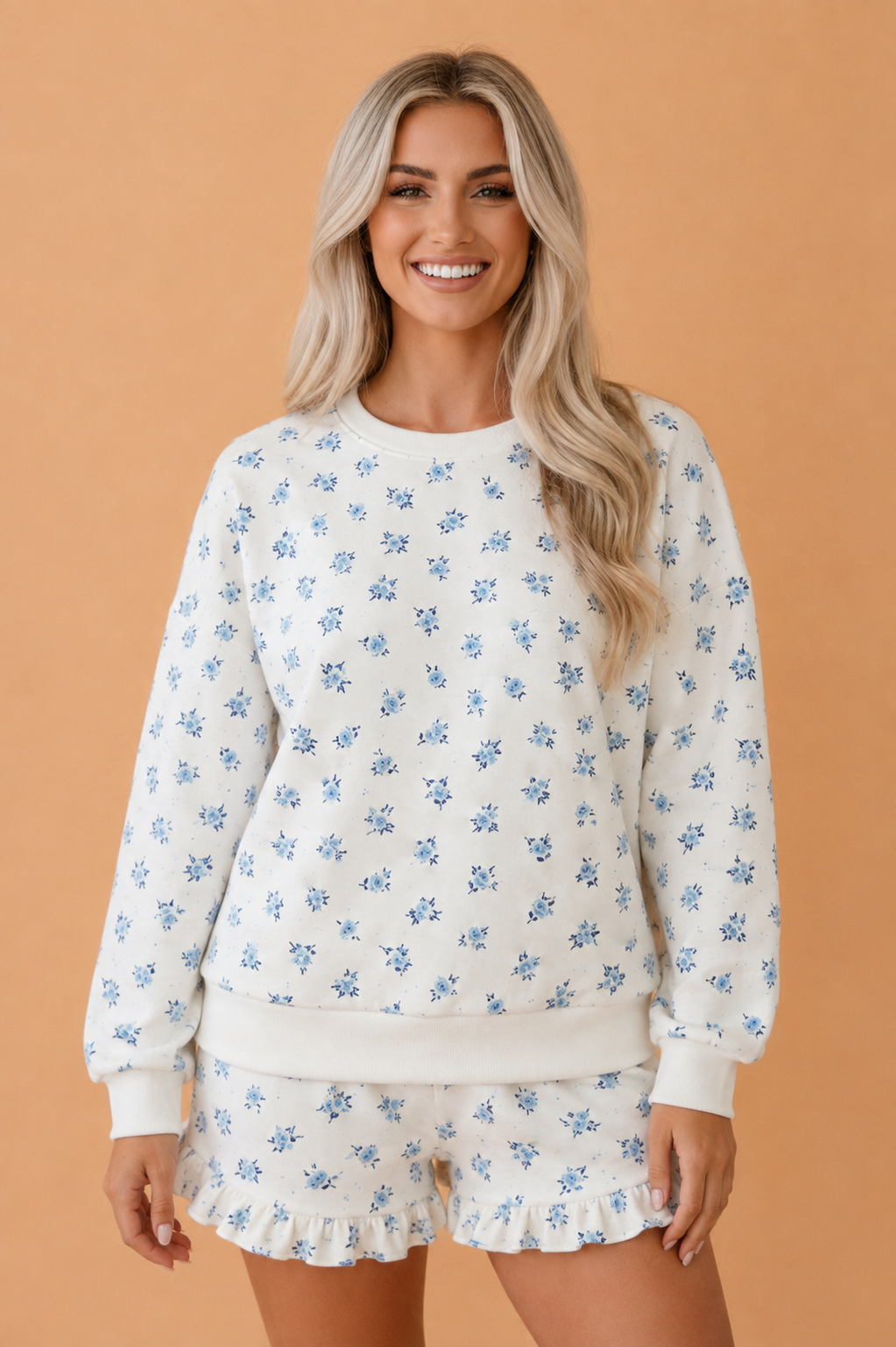 Floral Long Sleeve Top & Ruffle Hem Shorts Set