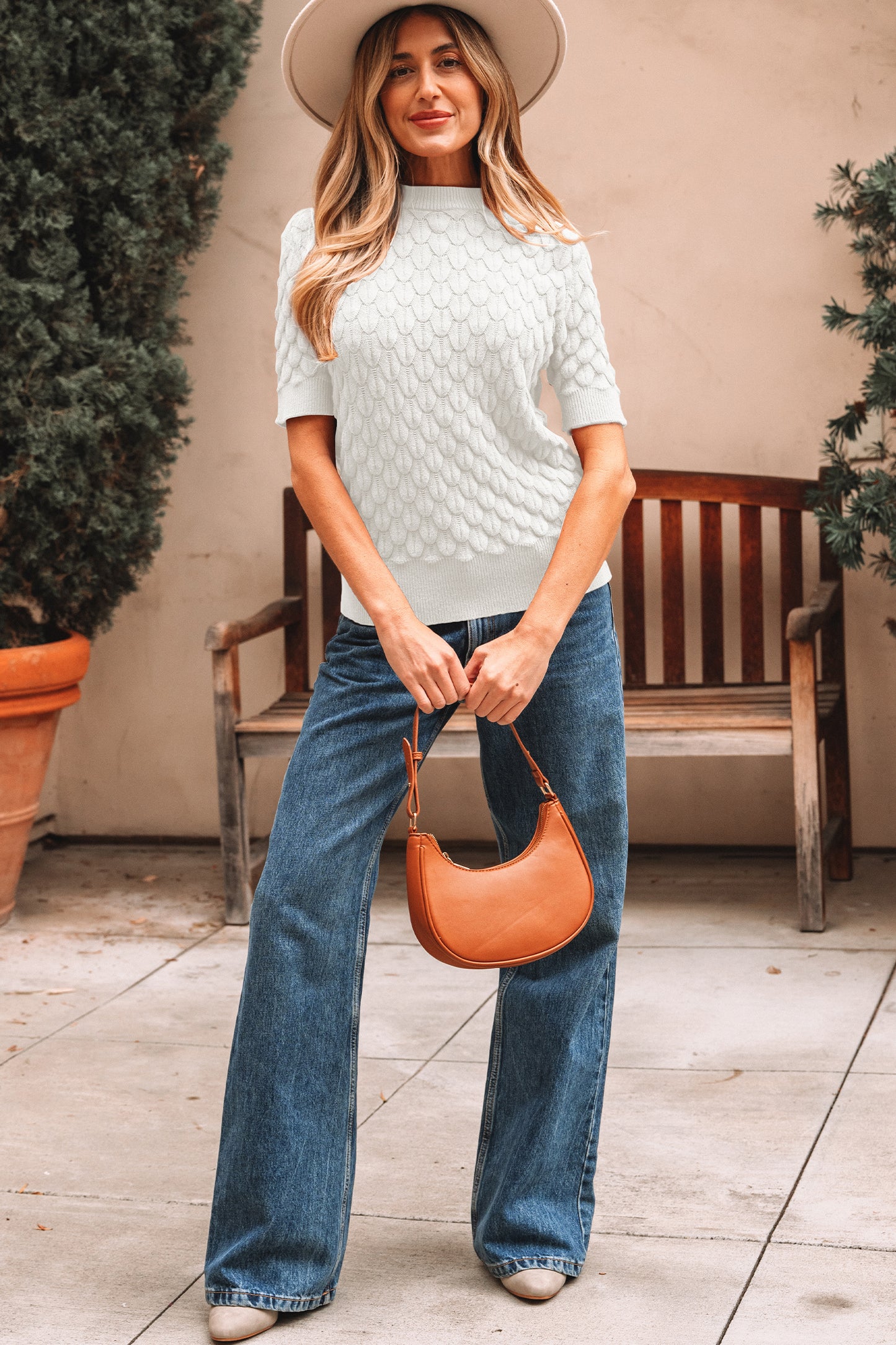 Fish Scale Textured Knit Short Sleeve Sweater