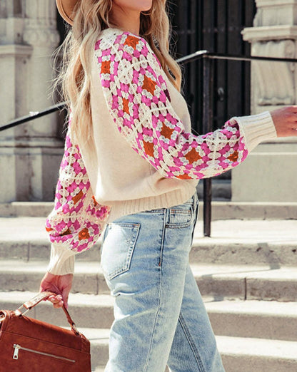 Floral Crochet Puff Sleeve Sweater