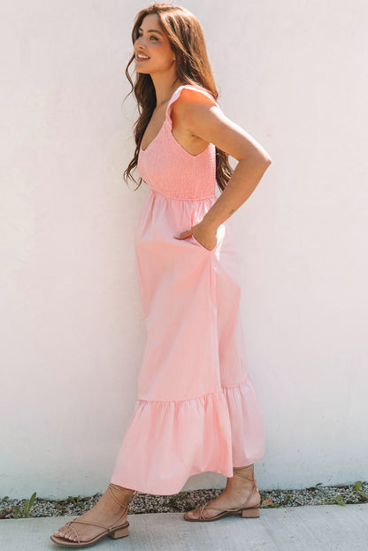 Solid V-Neck Flutter Sleeve Ruffle Maxi Dress