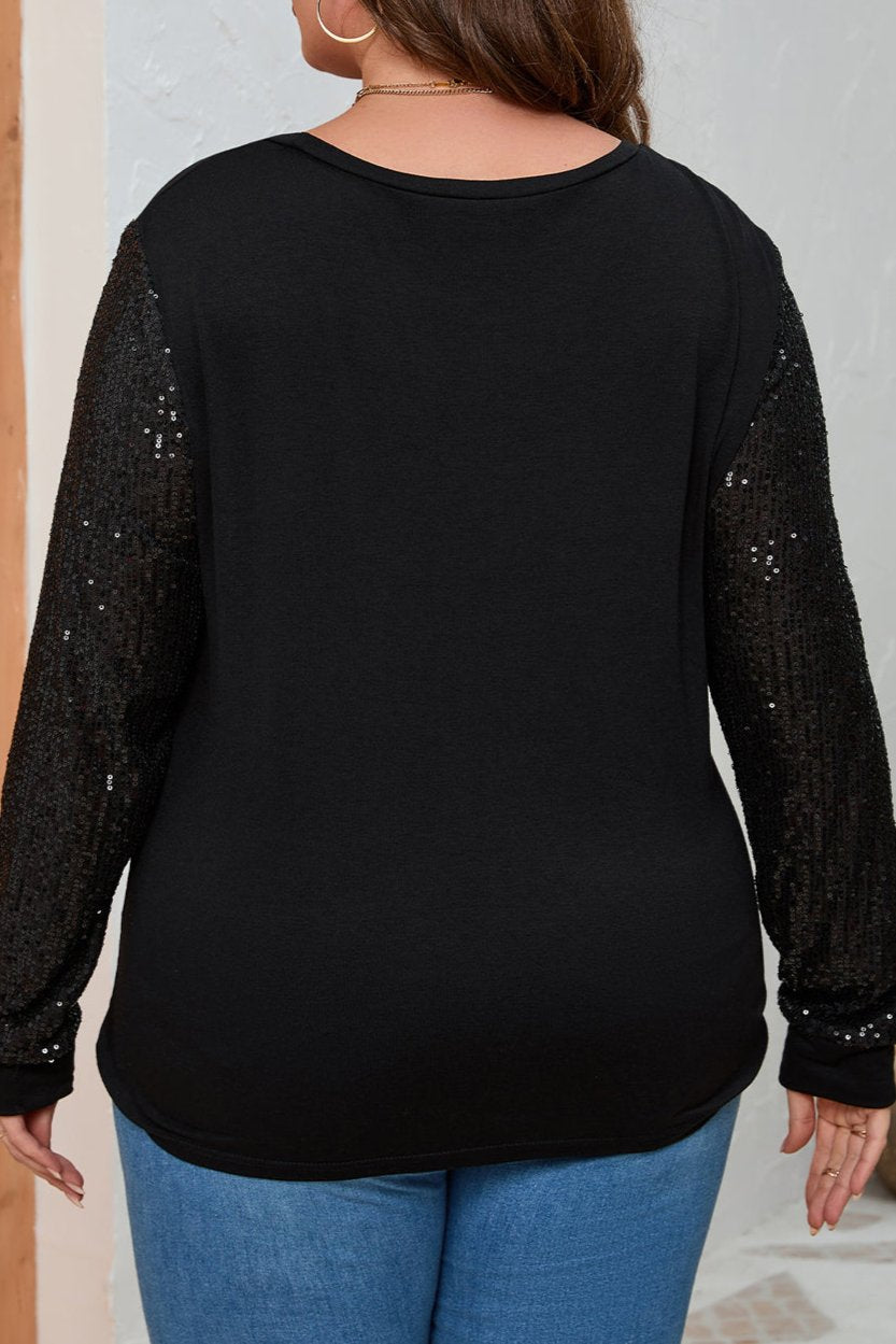 Plus Size Sequin Contrast Long Sleeve Top