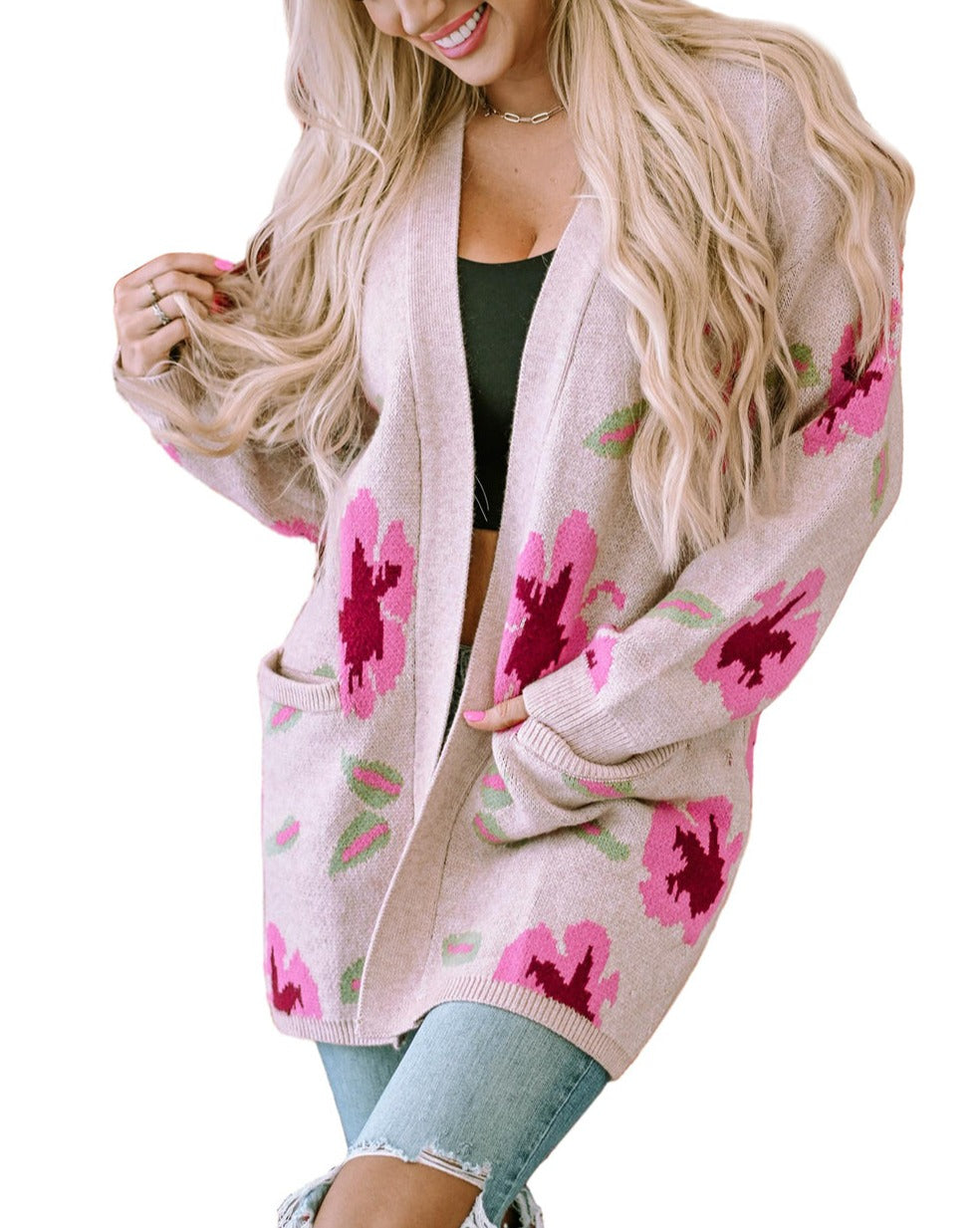 Floral Open Front Pocketed Cardigan