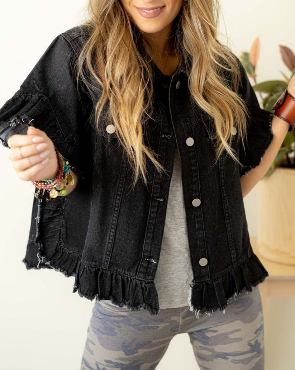 Denim Raw Edge Ruffle Jacket