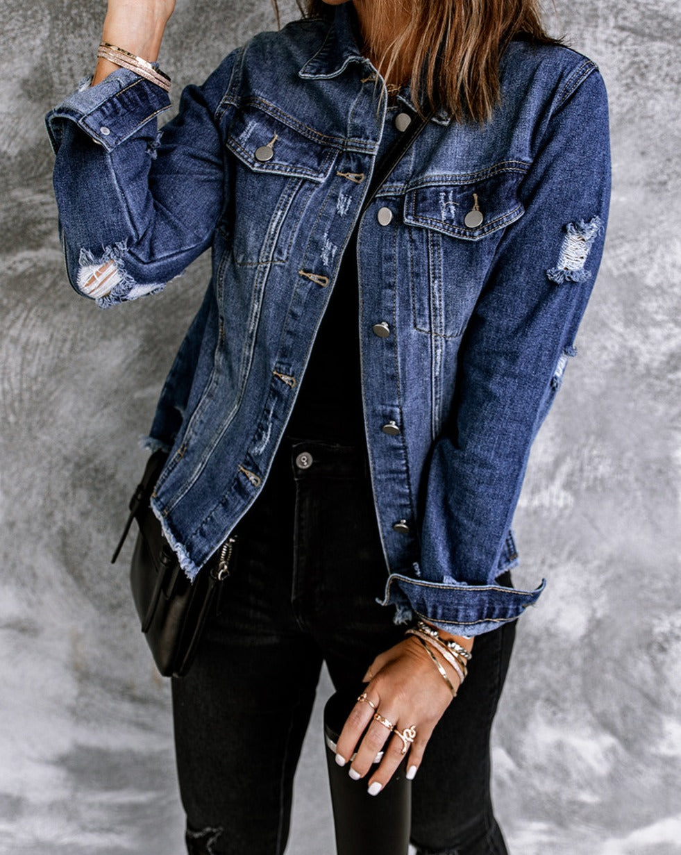 Denim Distressed Raw Hem Jacket