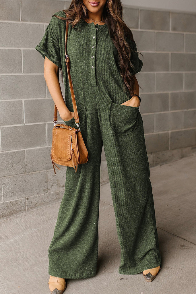 Ribbed Buttoned Wide Leg Jumpsuit