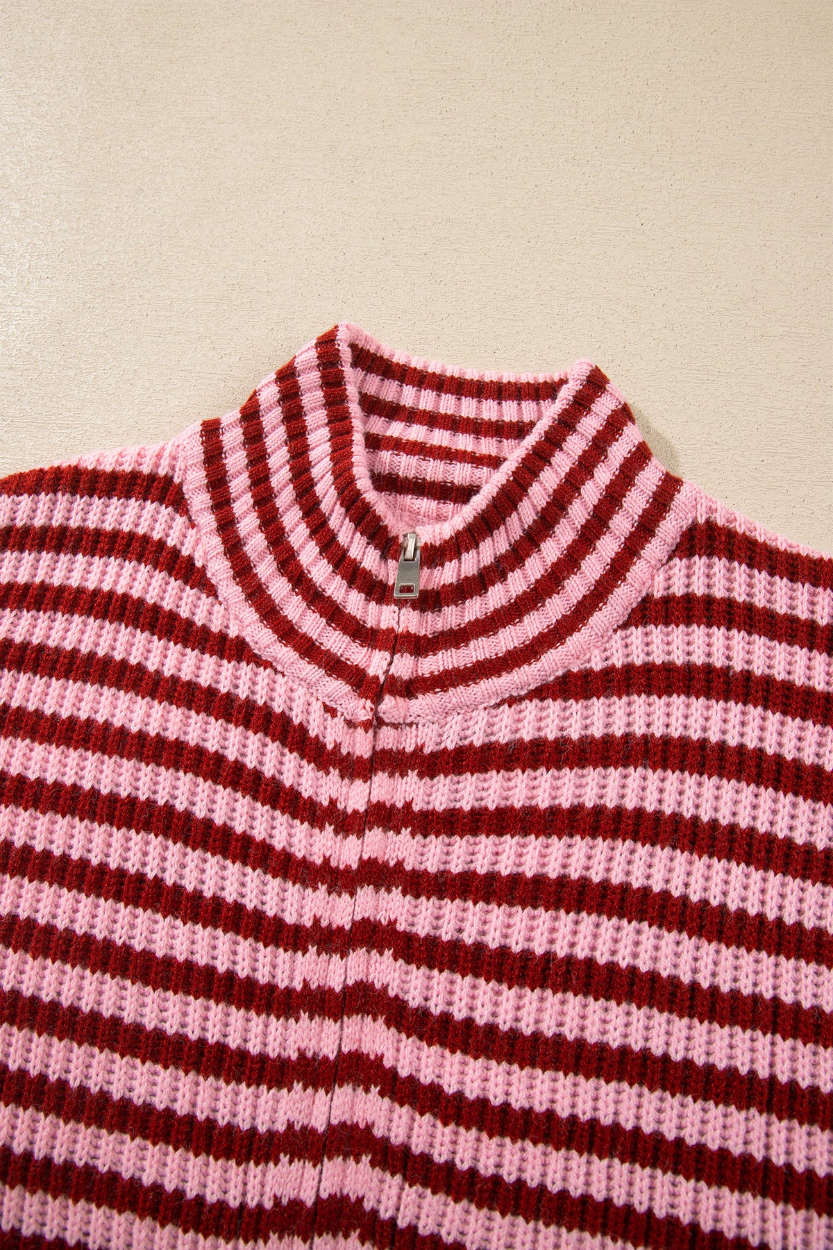 Stripe Mock Neck Drop Shoulder Zip-Up Cardigan