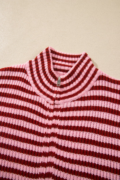Stripe Mock Neck Drop Shoulder Zip-Up Cardigan