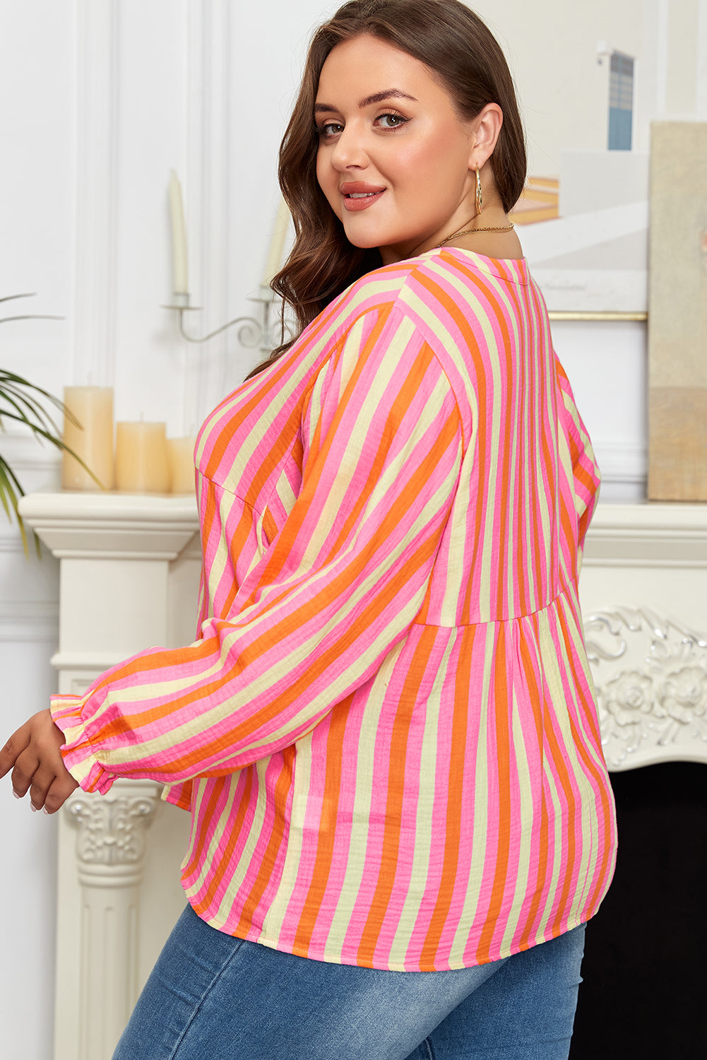 Plus Size Stripe Crinkled Half-Button V-Neck Blouse