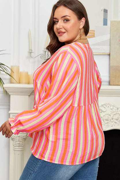 Plus Size Stripe Crinkled Half-Button V-Neck Blouse