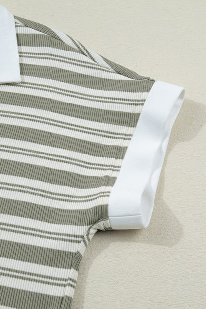 Stripe Collared V-Neck Short Sleeve Midi Dress