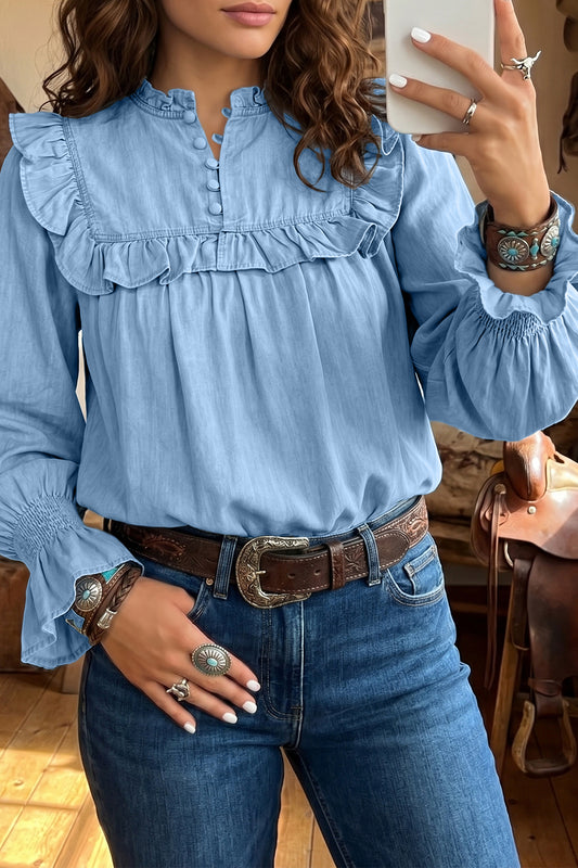 Western Denim Chambray Ruffle V-Neck Long Sleeve Blouse