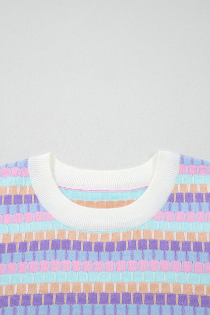 Abstract Stripe Short Sleeve Sweater Knit Top