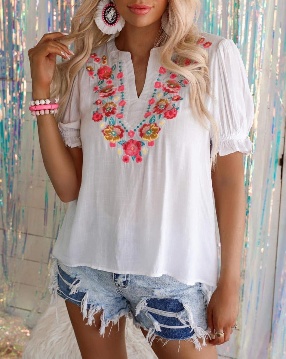 Floral Embroidered Ruffle Blouse