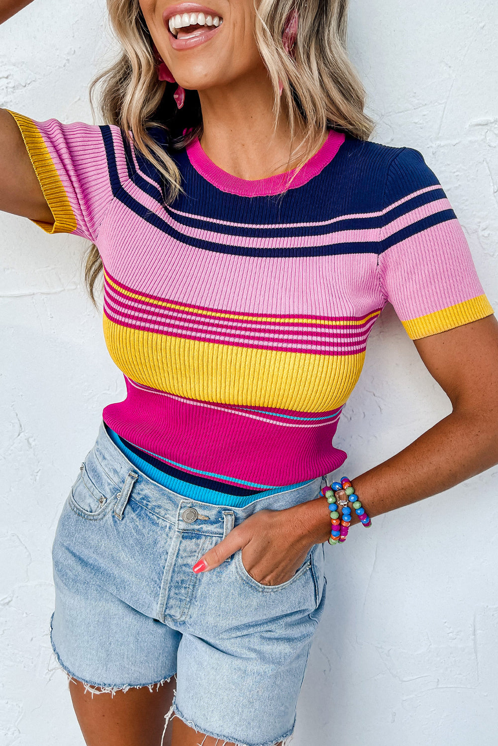 Stripe Ribbed Short Sleeve Top