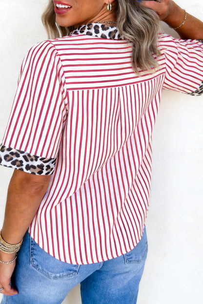 Stripe Leopard Contrast Trim Collared Blouse