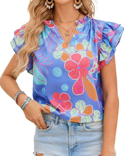 Floral Flutter Sleeve V-Neck Top