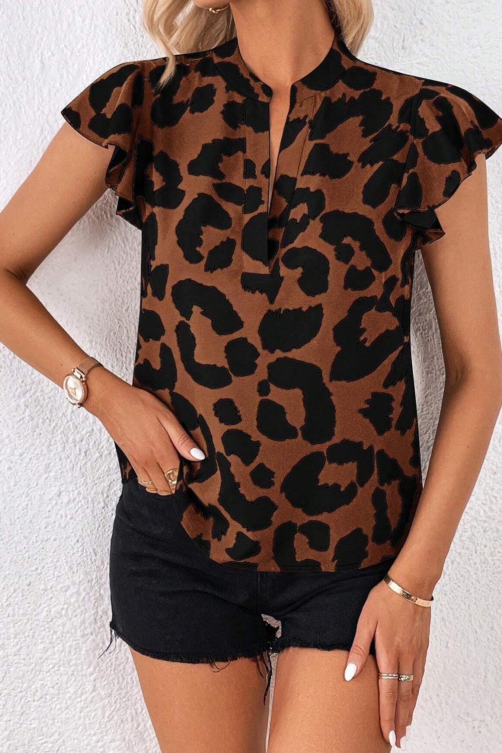 Leopard Ruffle Flutter Sleeve Blouse