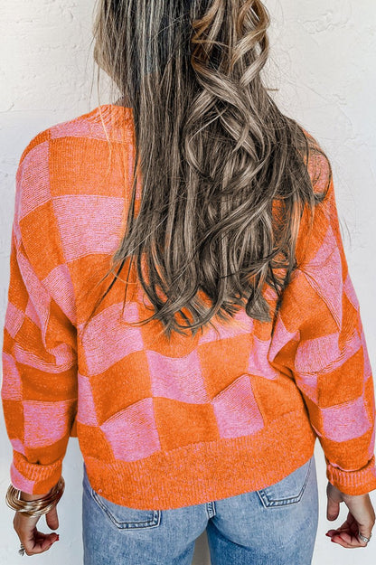 Checker Drop Shoulder V-Neck Cardigan