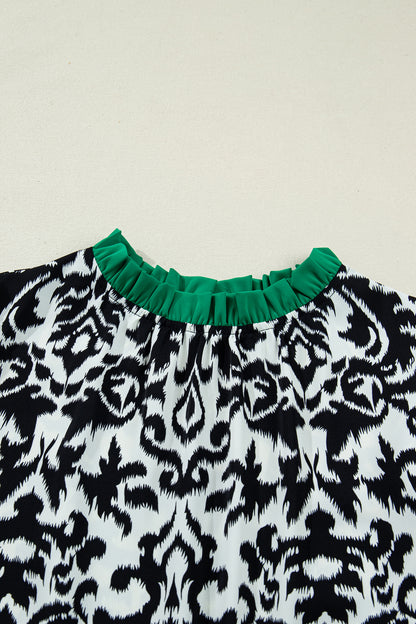 Abstract Damask Colorblock Ruffle 3/4 Sleeve Blouse