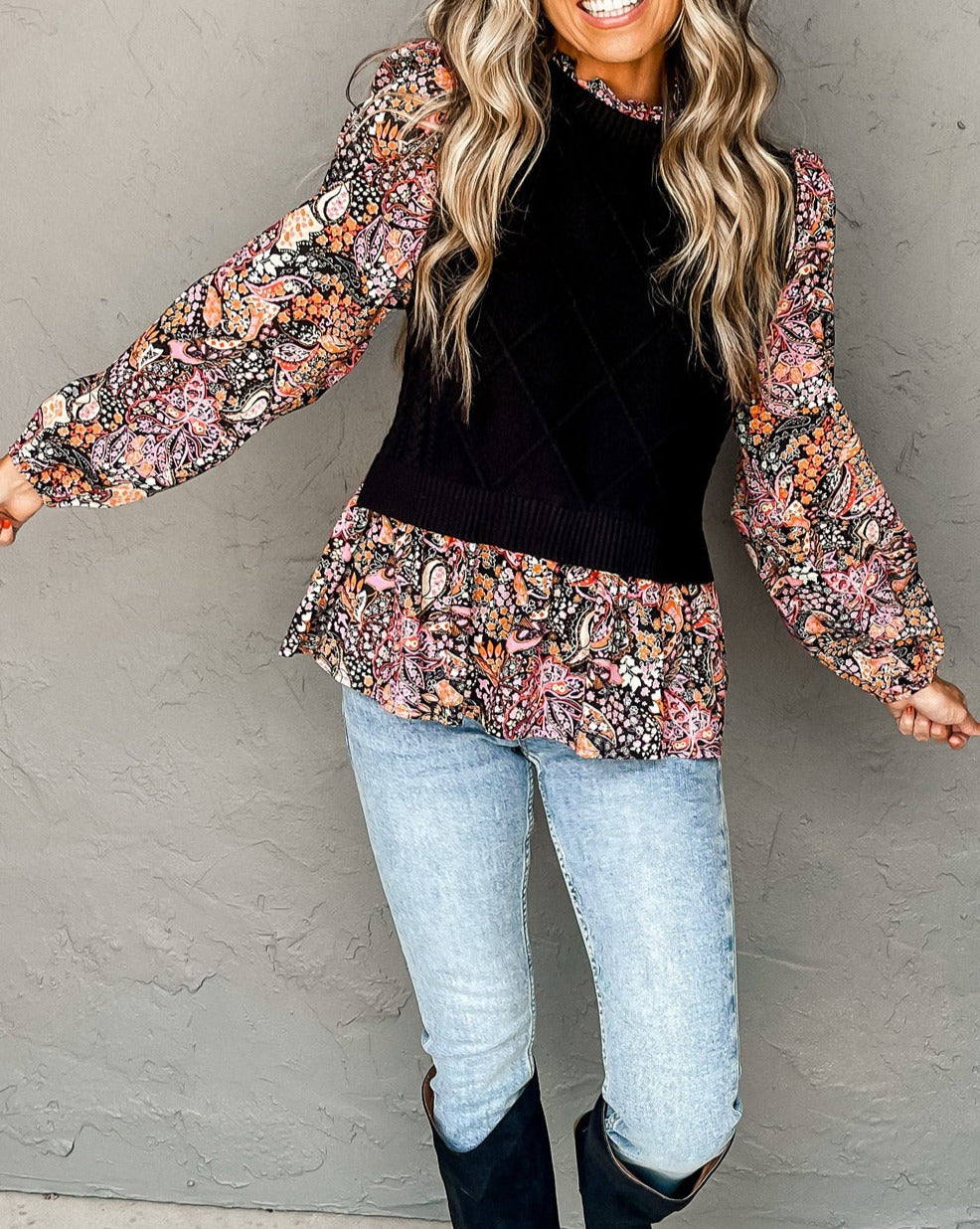 Floral Colorblock Peplum Sweater