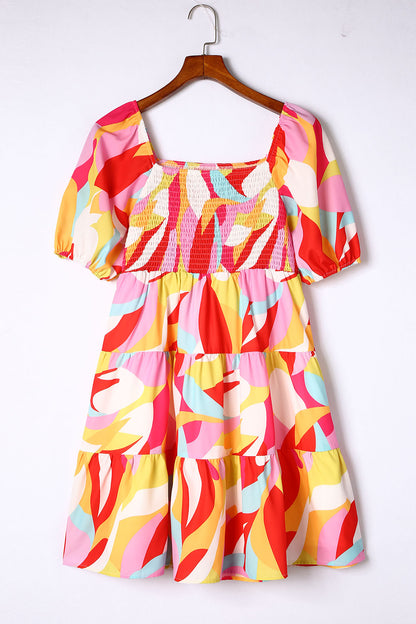 Geometric Smocked Ruffle Mini Dress