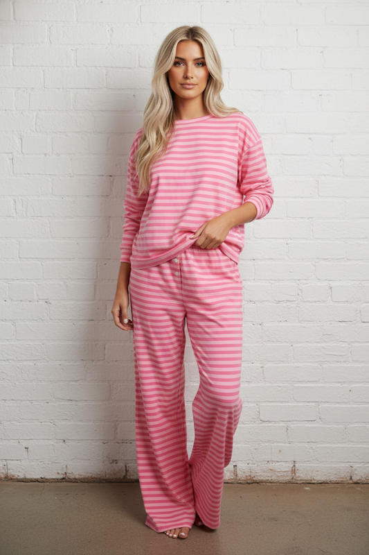 Stripe Drop Shoulder Top & Buttoned Pants Set