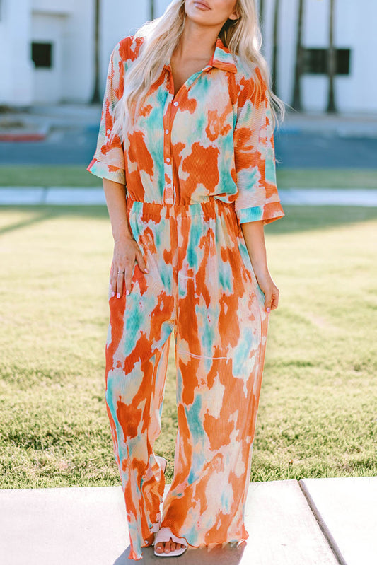 Tie-Dye Pleated Collared Jumpsuit