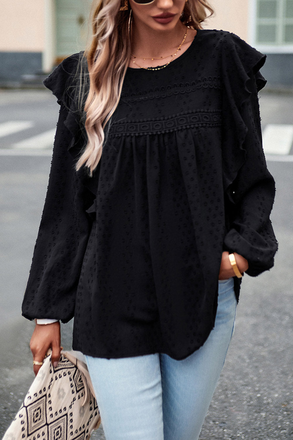 Eyelet Ruffle Lantern Sleeve Blouse