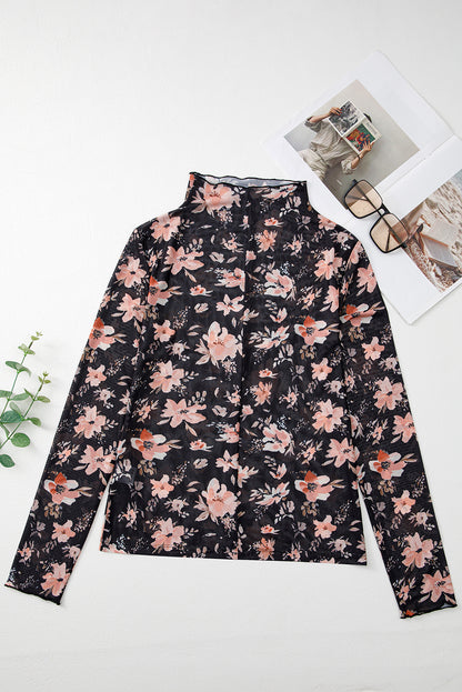 Floral Mesh Mock Neck Long Sleeve Top