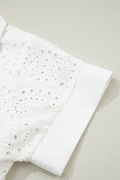 Solid Embroidered Eyelet Collared V-Neck Mini Dress