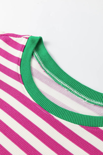 Stripe Contrast Trim Short Puff Sleeve Tee