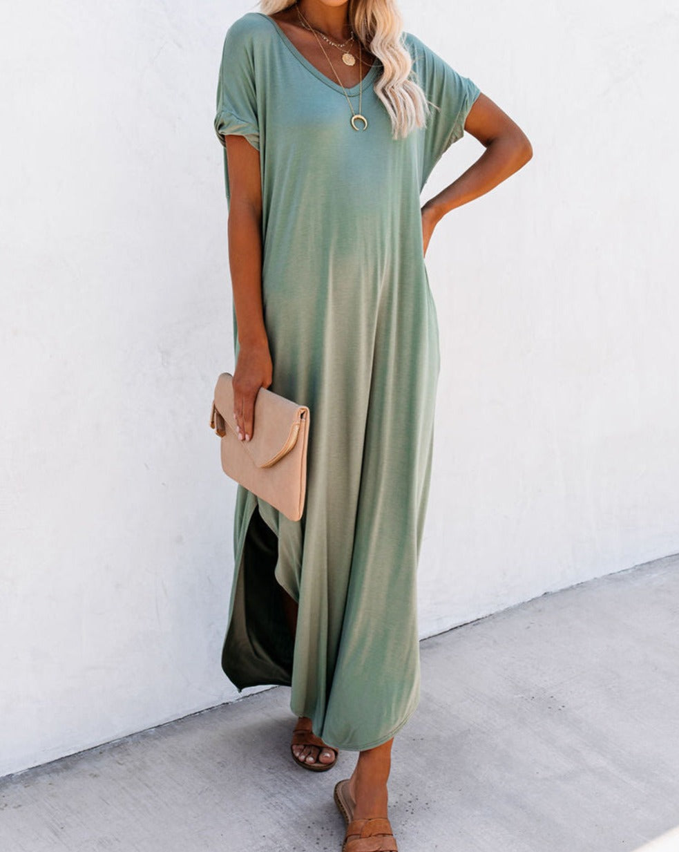 V-Neck Pocketed Maxi Shirt Dress