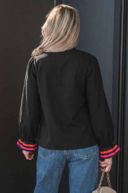 Stripe Trim Ruffle Split Neck Long Sleeve Blouse
