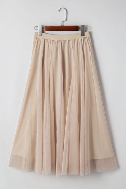 Solid Tulle Mesh Overlay Flared Midi Skirt