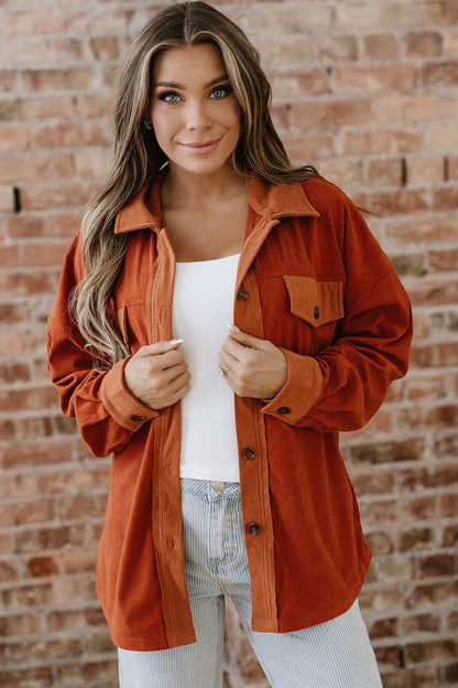 Velvet Button-Up Flap Pocket Drop Shoulder Shacket