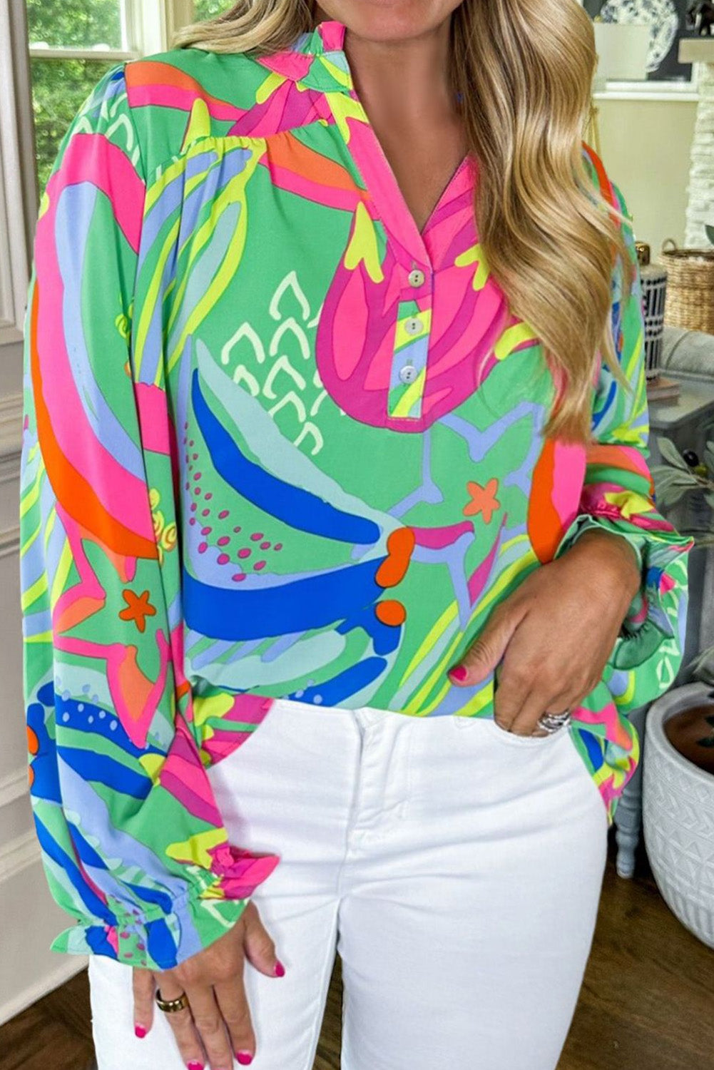 Abstract Flounce Sleeve V-Neck Blouse Plus Size