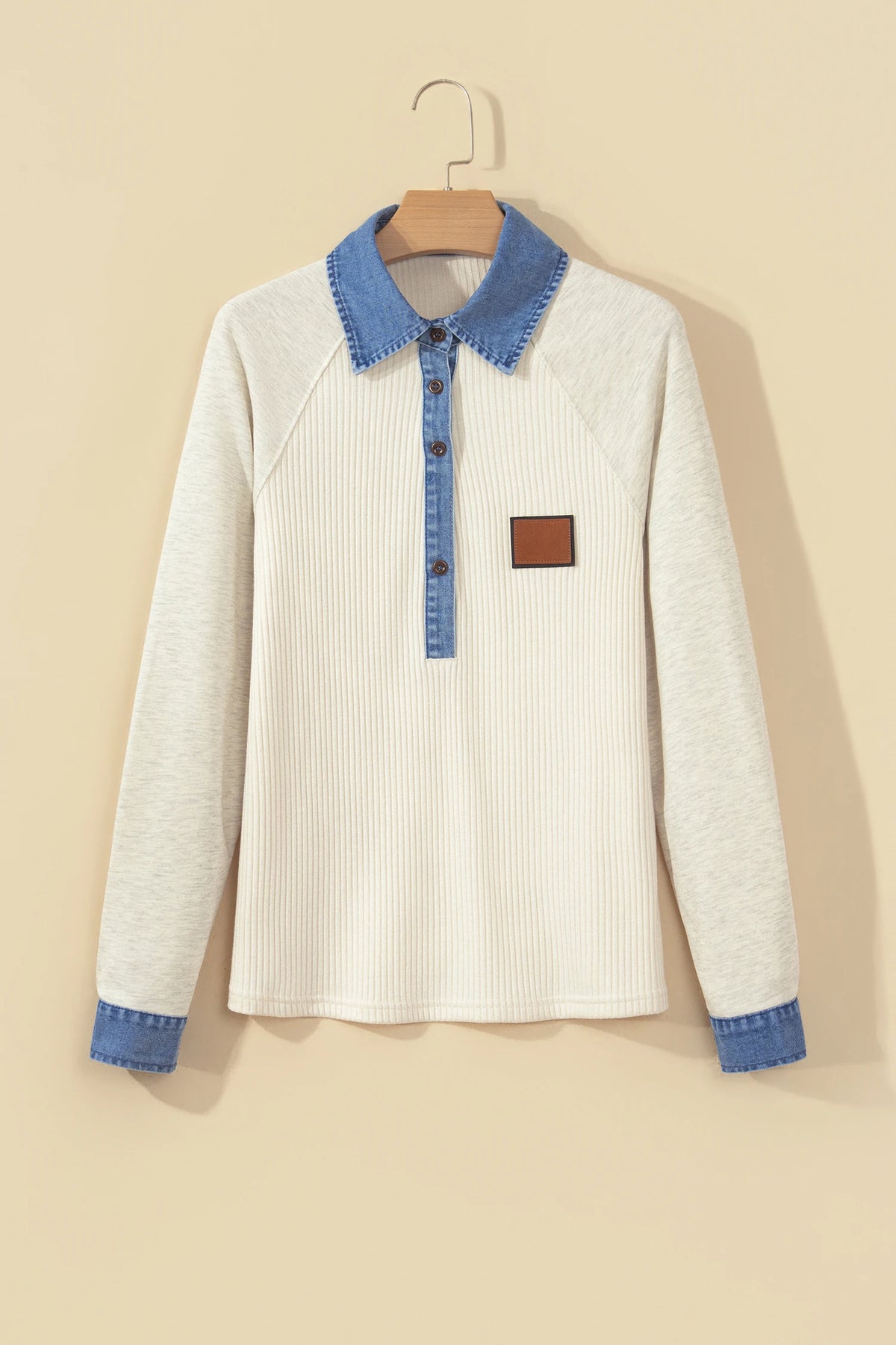 Denim Patchwork Collared Ribbed Knit Long Sleeve Top