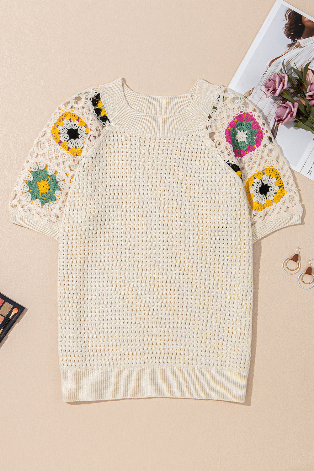 Floral Crochet Short Sleeve Sweater