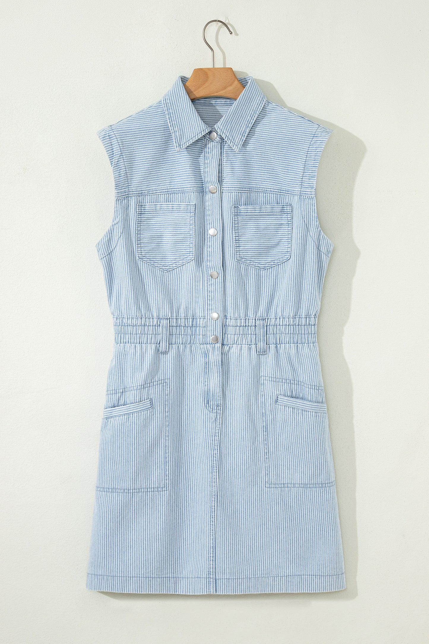 Stripe Denim Collared Button-Front Sleeveless Dress