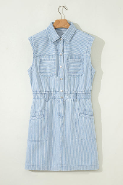 Stripe Denim Collared Button-Front Sleeveless Dress