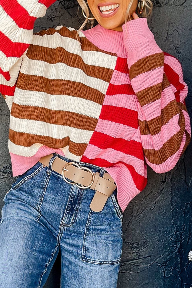 Stripe Colorblock High Neck Sweater