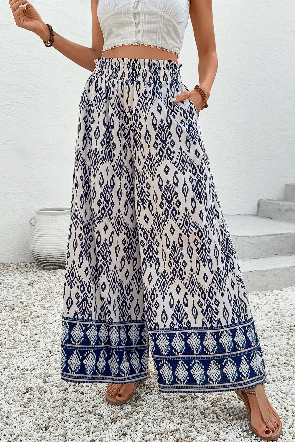 Boho Smocked High Waist Wide Leg Pants