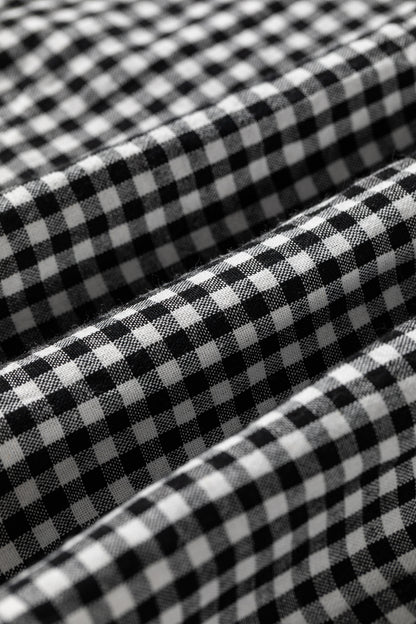 Gingham Shirred Cuff Long Sleeve Round Neck Blouse