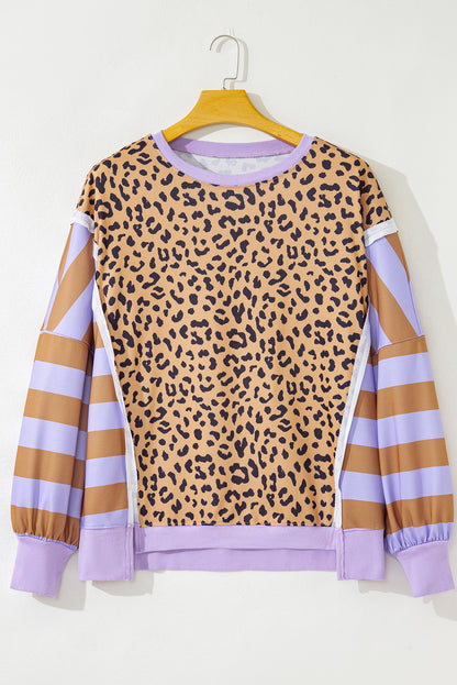 Plus Size Leopard Stripe Patchwork Side Slit Sweatshirt